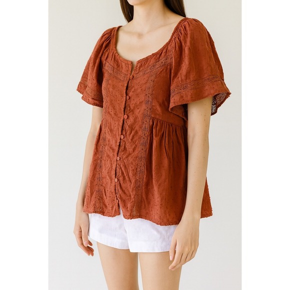 Old Navy Top Womens L Lace Flutter Sleeve Button Front Blouse Casual - Picture 1 of 5